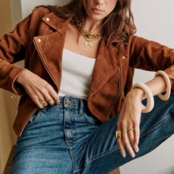 Theory Cropped Lambskin Suede Leather Moto Jacket in Caramel Sz S - Picture 13 of 14